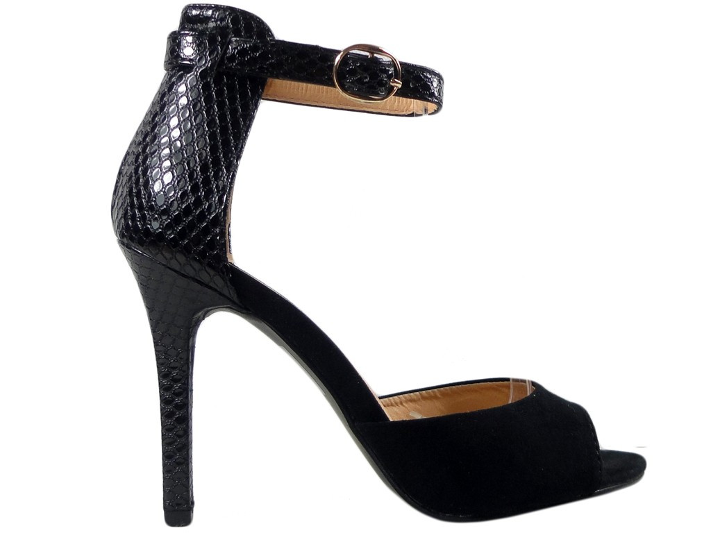 Sandale stiletto din piele de căprioară neagră cu centură - 1