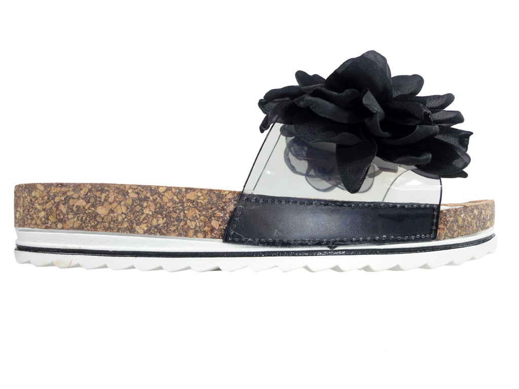 Tongs noires sur un bouchon avec un noeud de chaussures pour femmes - 1
