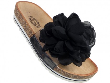 Černé pantofle na korku s mašlí dámské boty - 3