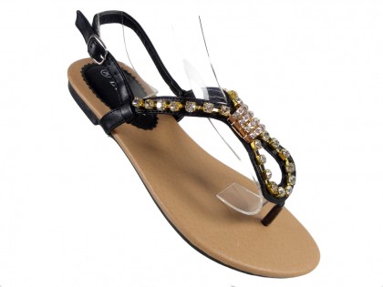 Black women's flat sandals with zirconia - 3