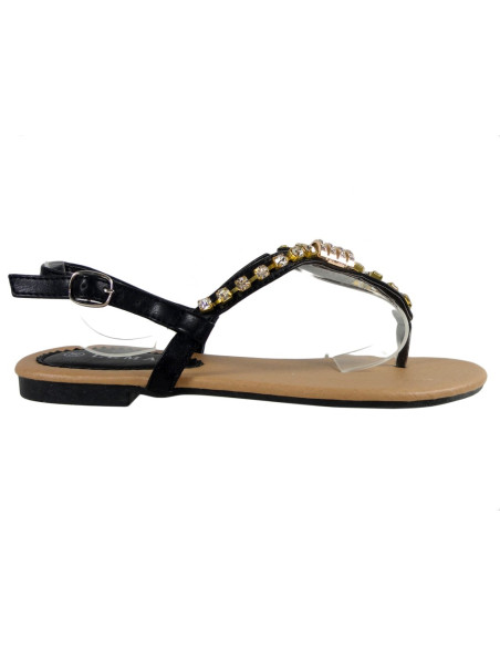 Sandales plates pour femmes noires avec zircone - 1