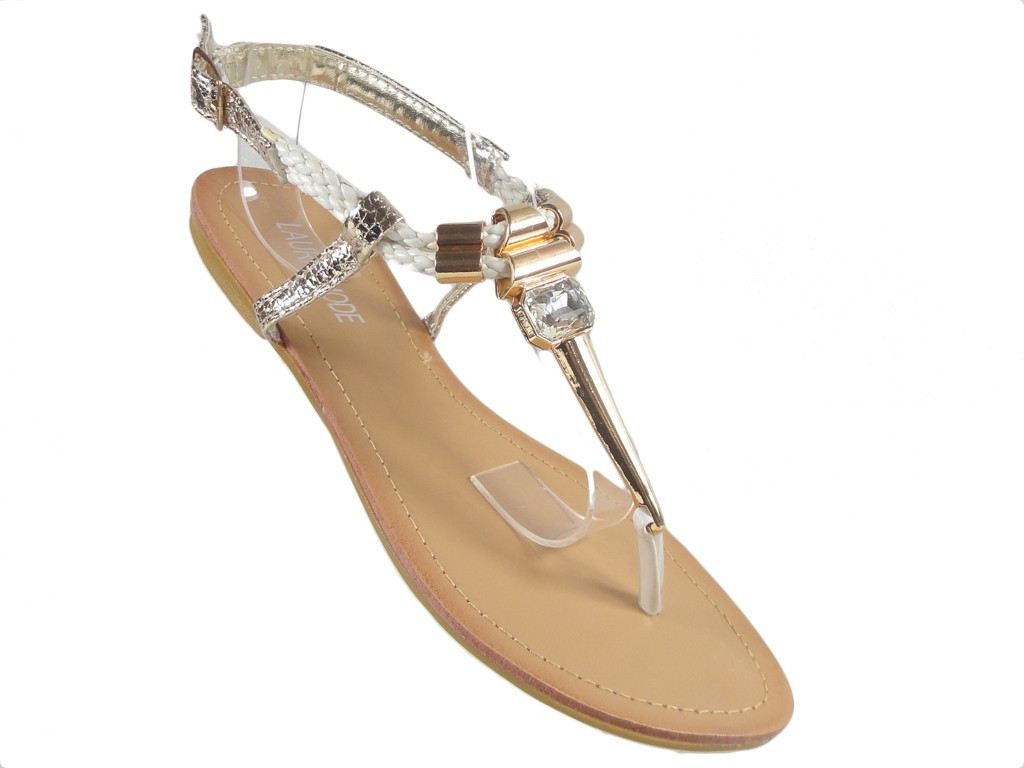 Flache Schuhe aus weiß-goldenen Damensandalen - 3