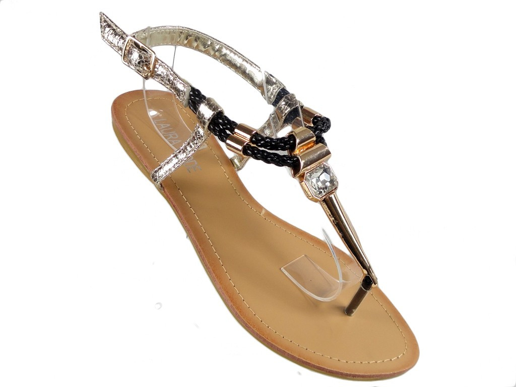 Sandale de damă negre și aurii, flip-flops, pantofi plate - 3