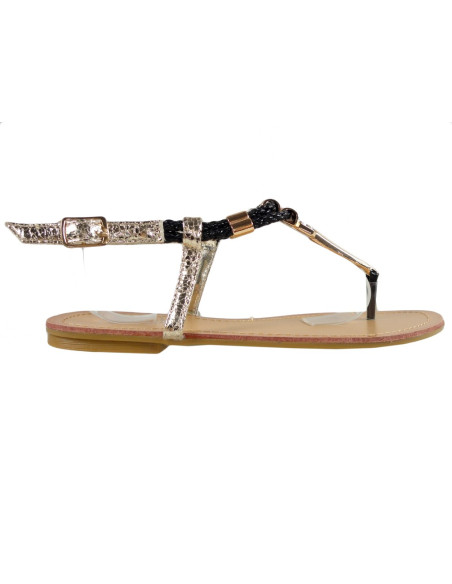 Schwarz-goldene Damensandalen, flache Flip-Flops - 1