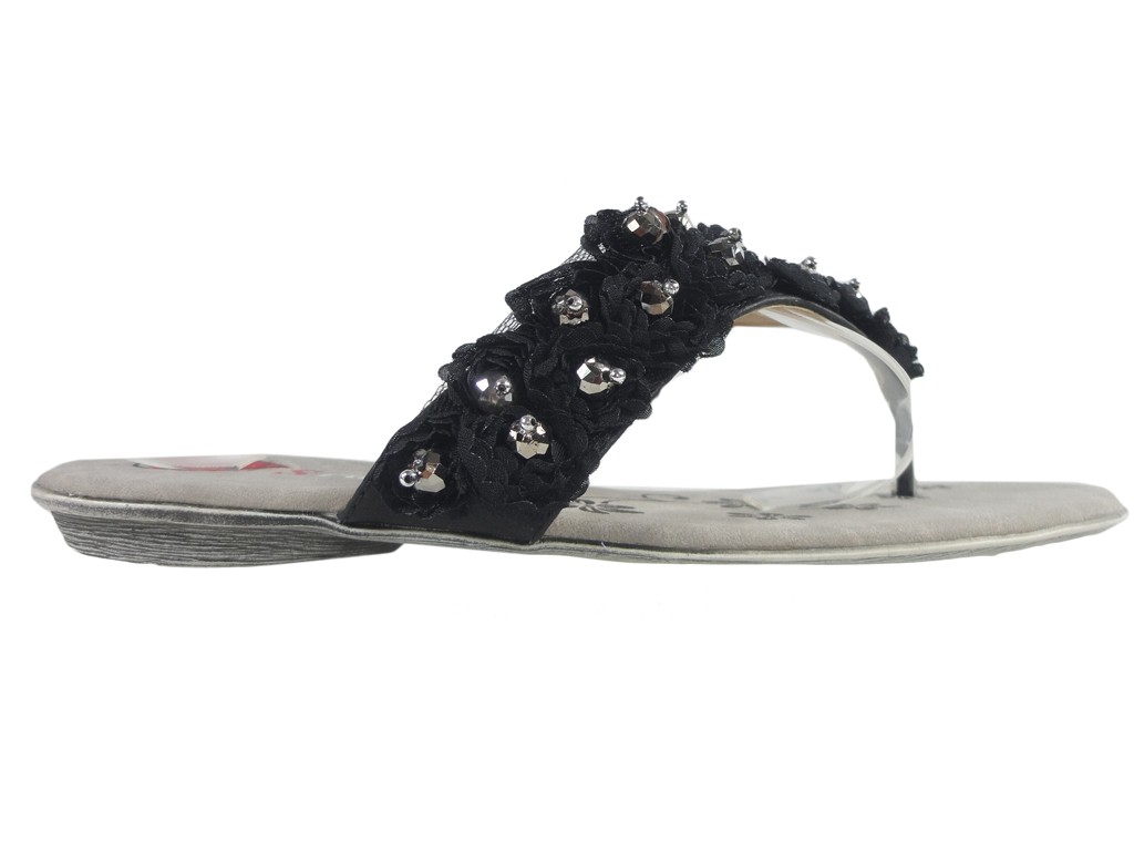 Dámske čierne papuče so žabkami zo zirkónu - 1