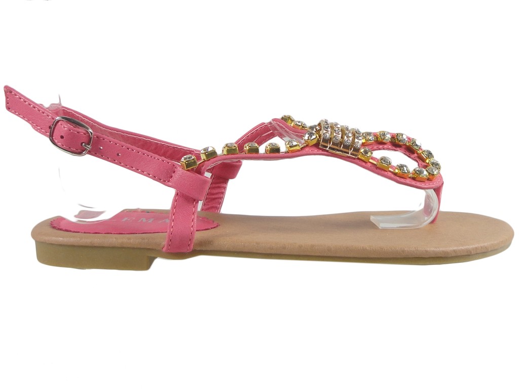 Sandale roz de damă, cu pantofi plate din zirconiu cubic - 1