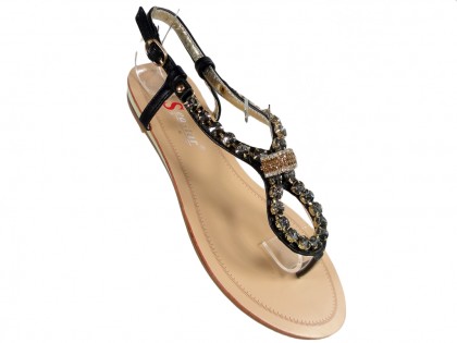 Black women's flat sandals with zirconia boots - 3