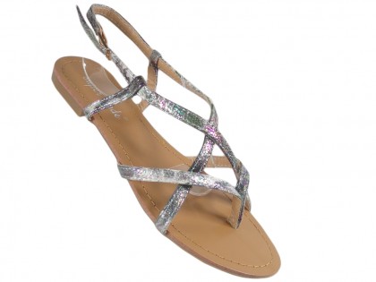 Silver glossy women's sandals flat flip flops - 1