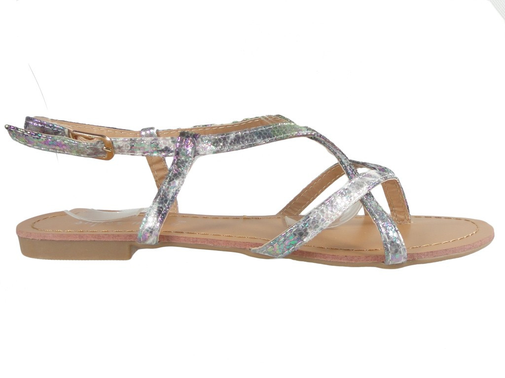 Silber glänzende flache Damen Sandalen - 3
