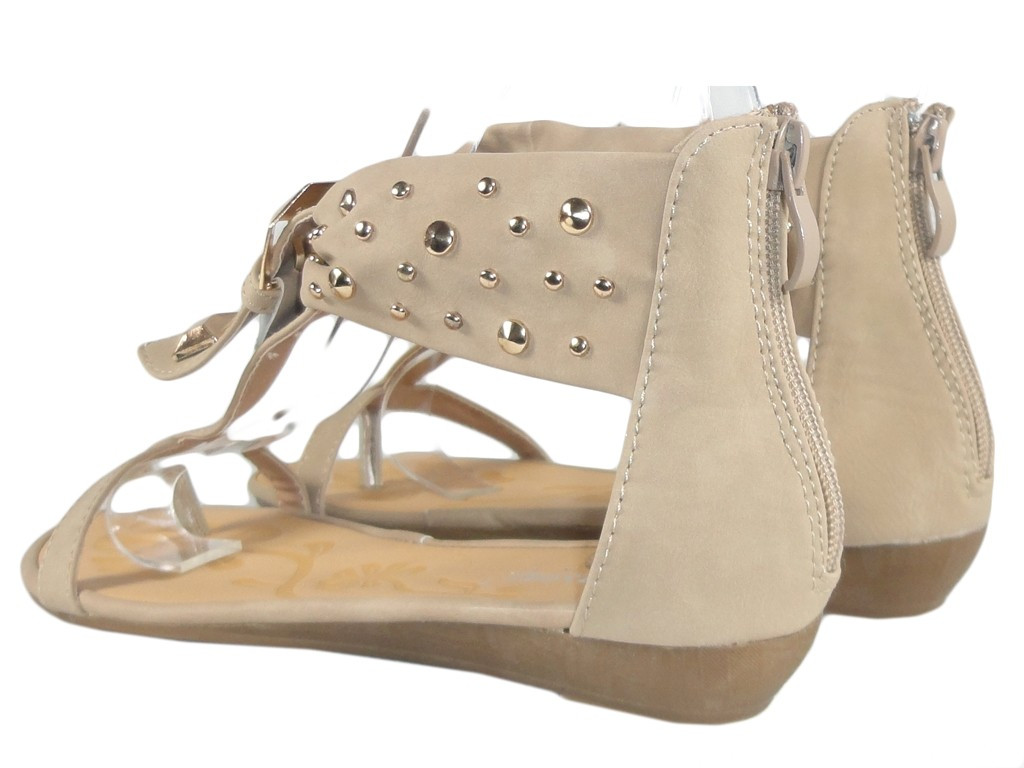 Beige women's sandals with studs flat - 4