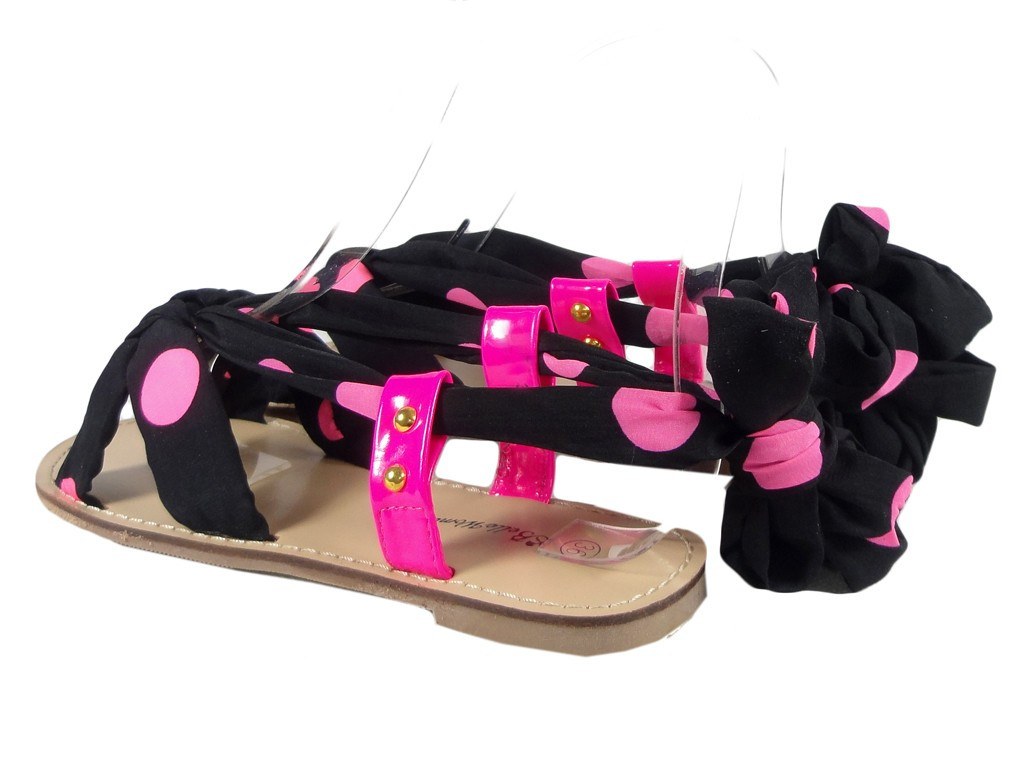 Black pink women's sandals with ribbon - 4