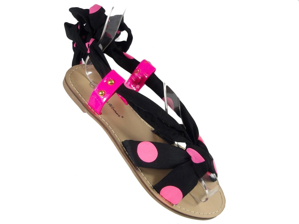 Black pink women's sandals with ribbon - 3