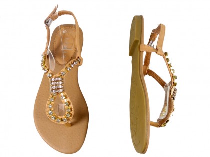 Beige zirconia sandals flat women's shoes - 2