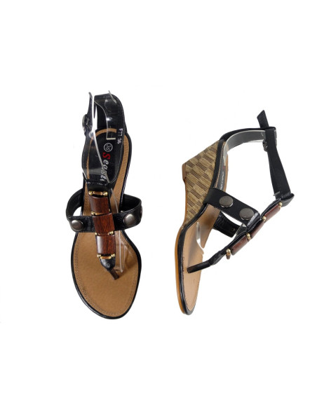 Schwarze Damensandalen, Öko-Keilabsätze - 2