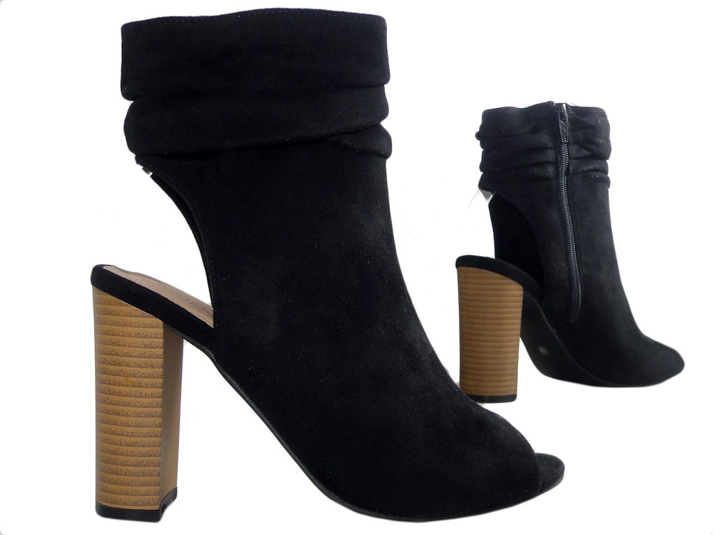 Black suede summer suede boots with open heel - 3