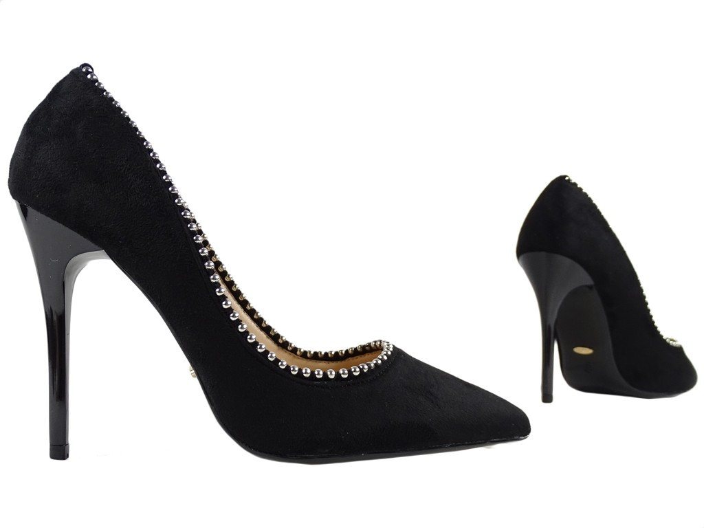 Moteriški juodi zomšiniai bateliai stiletto - 3