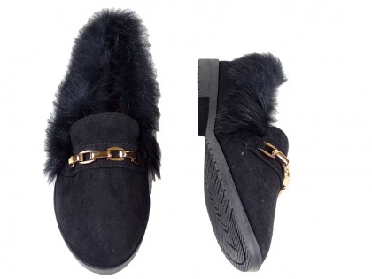 Flat black moccasins with fur half boots - 2