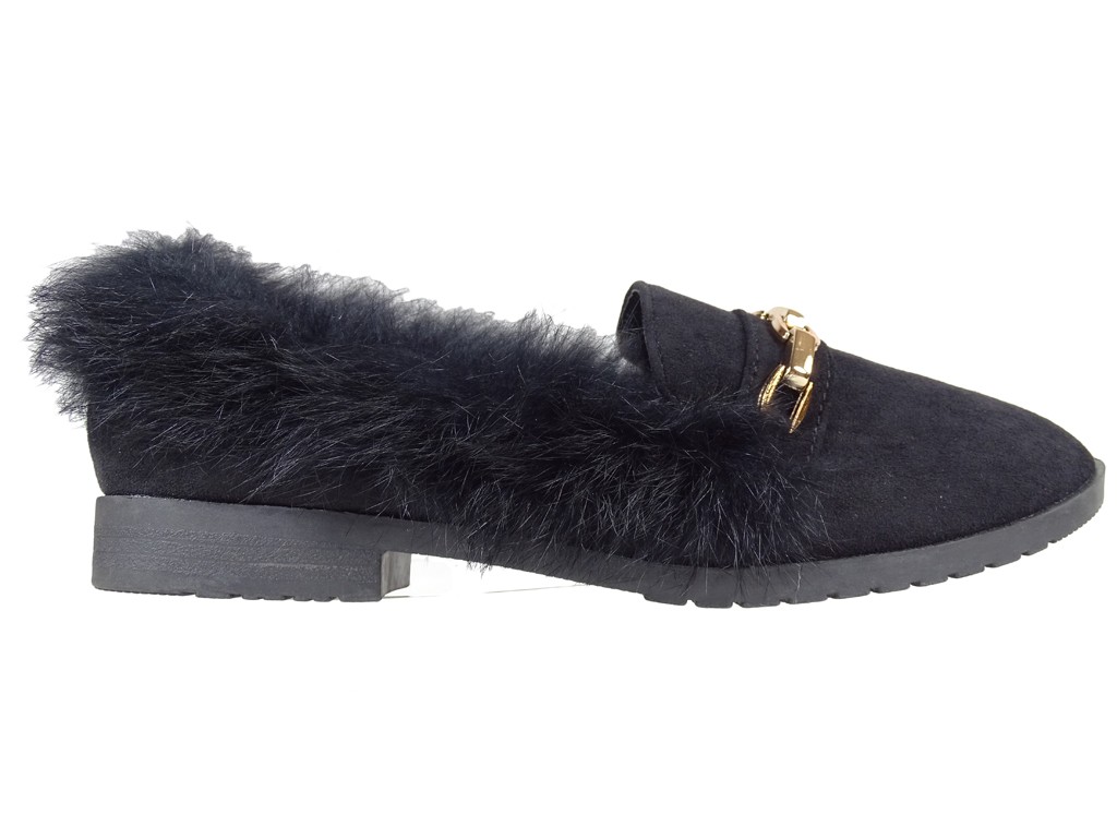 Flat black moccasins with fur half boots - 1