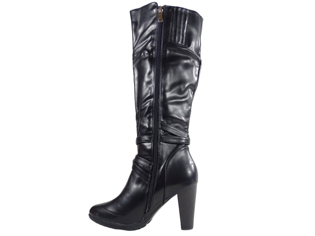 Schwarze Leder Damenstiefel mit Gürtel - 4
