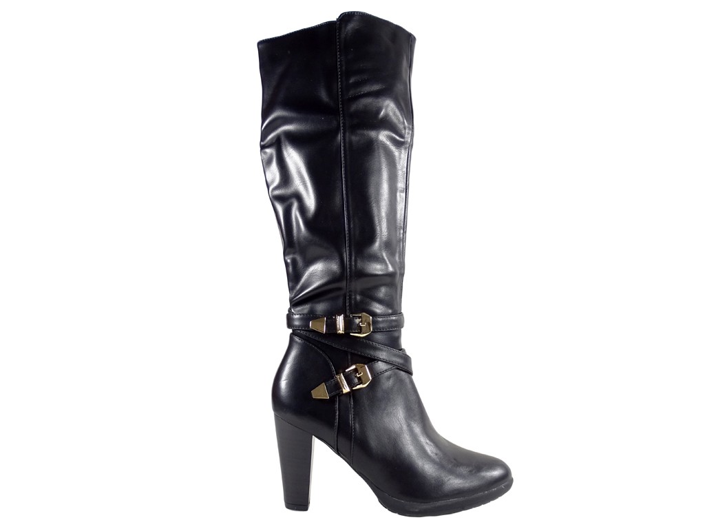 Ladies' black leather boots with belt - 1