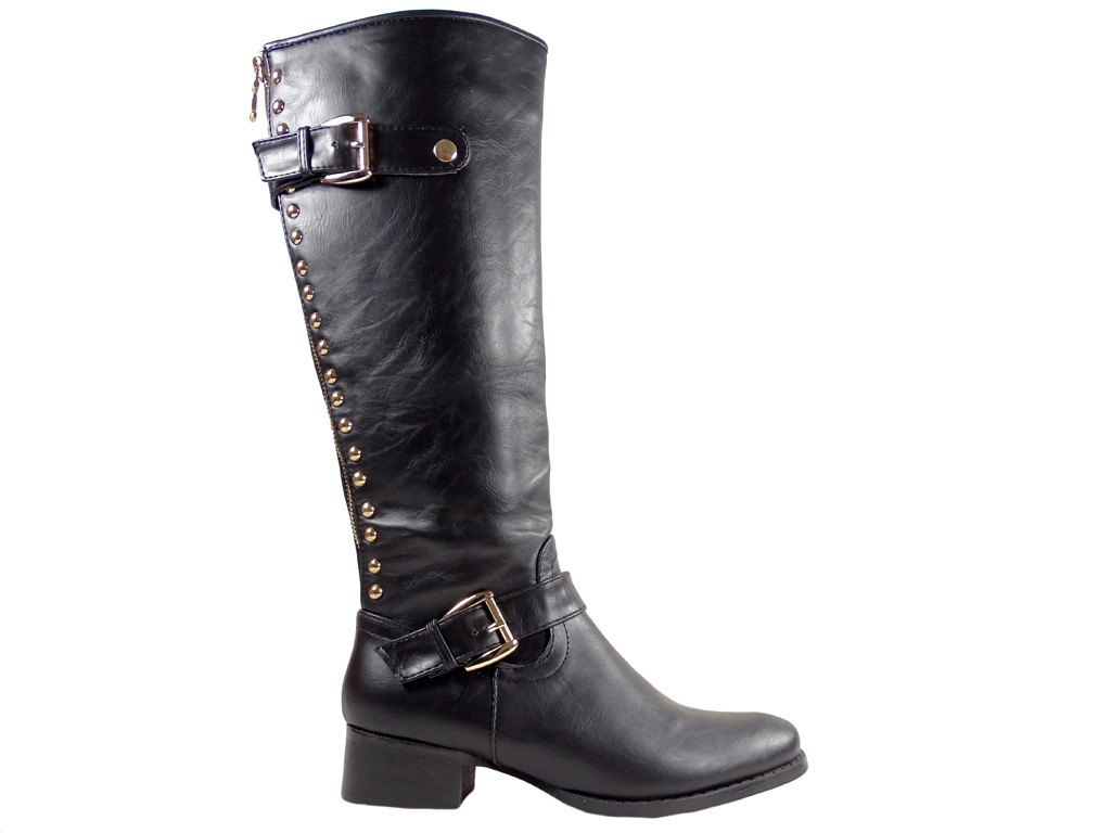 Schwarze flache Stiefel Öko-Lederstiefel Nieten - 1