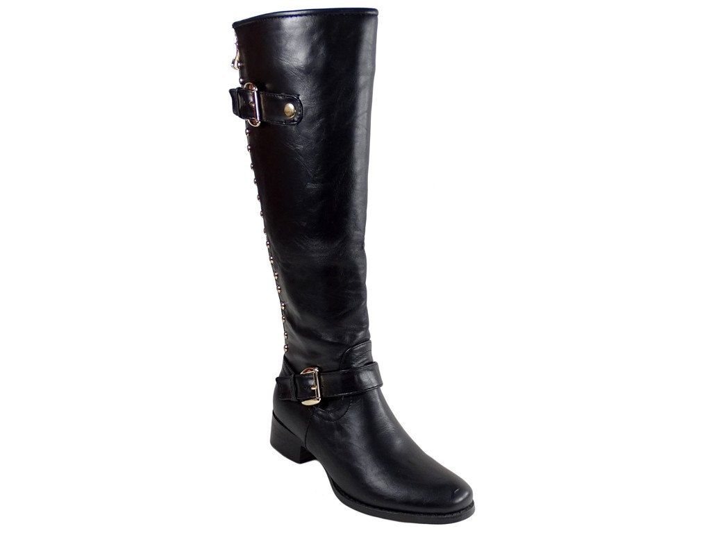 Schwarze flache Stiefel Öko-Lederstiefel Nieten - 3