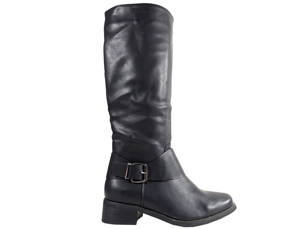 Cizme dama negre plate, piele ecologică - 1