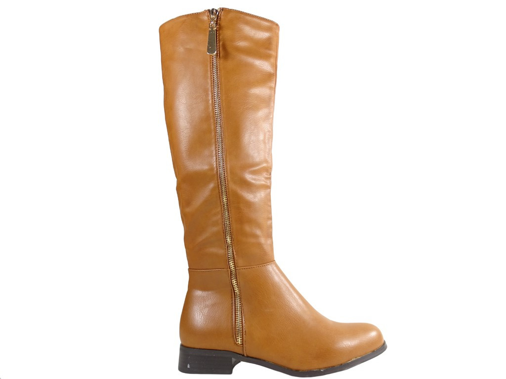Women's flat boots before the knee brown - 1