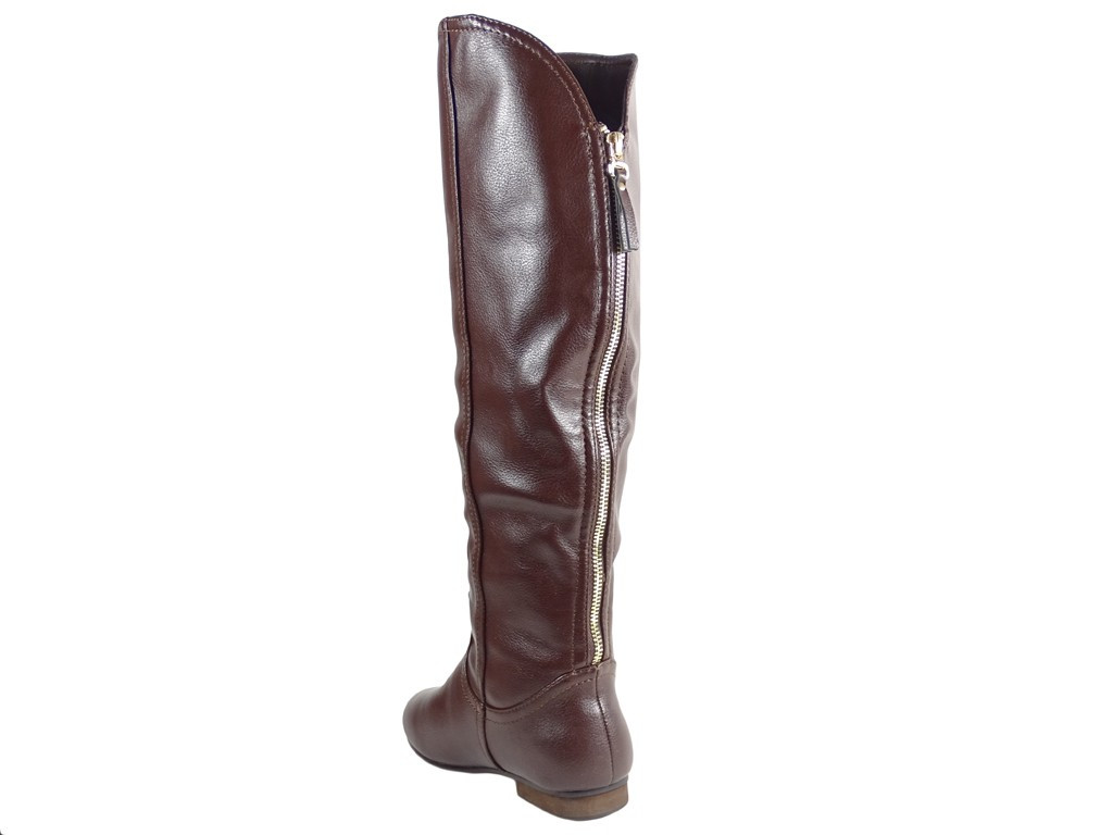 Bottes plates pour dames en cuir écologique marron - 4