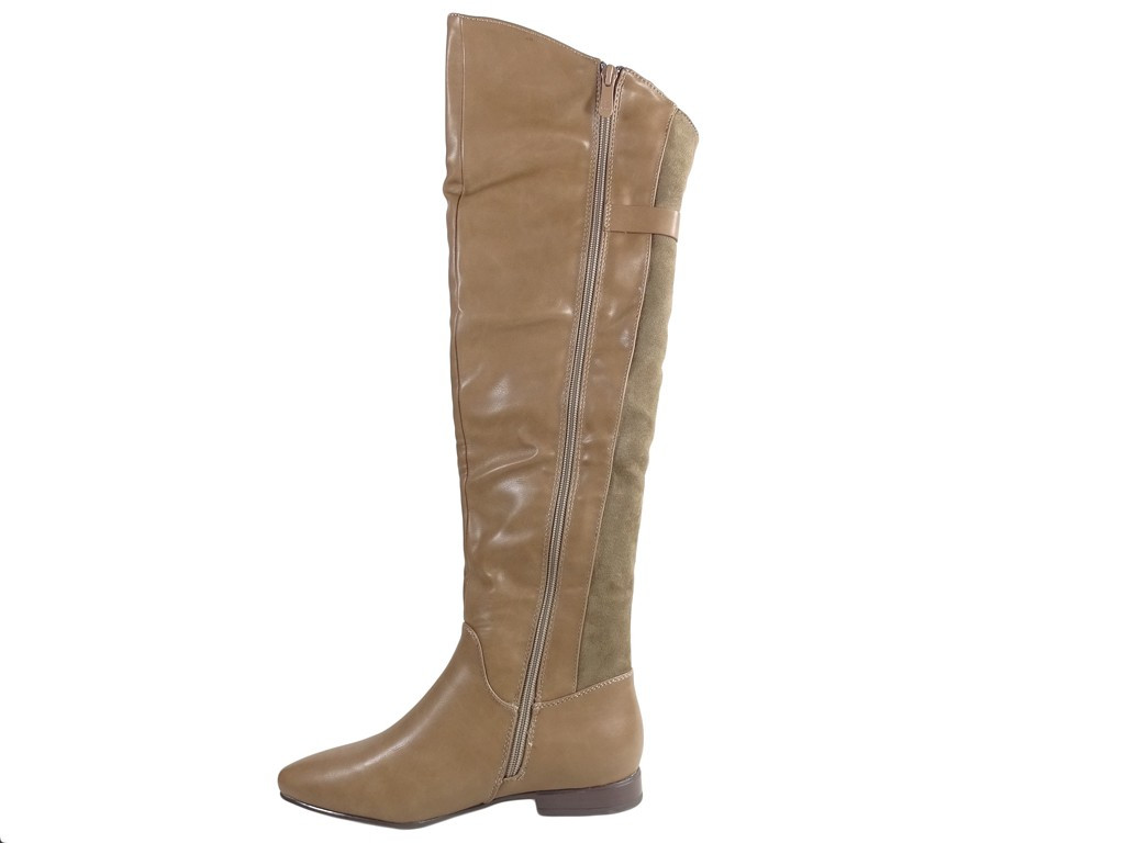 Beige ladies' boots flat eco leather with suede - 4