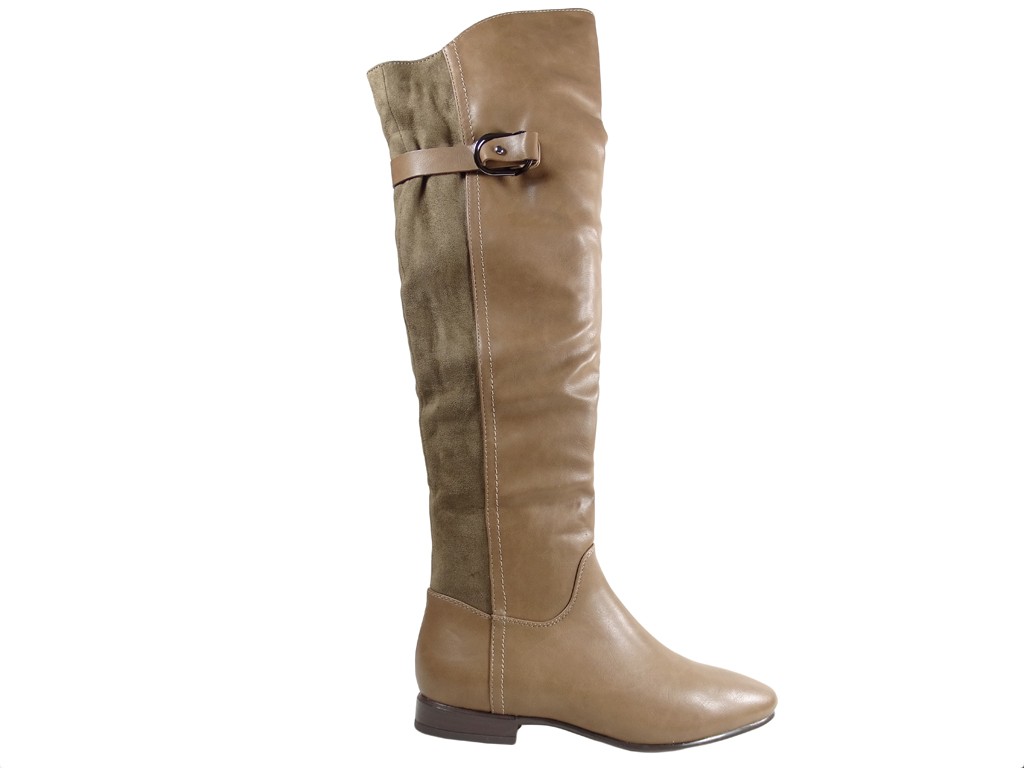 Beige ladies' boots flat eco leather with suede - 1