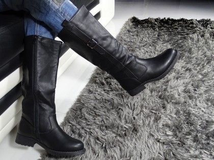 Black ladies boots eco leather flat heel - 2