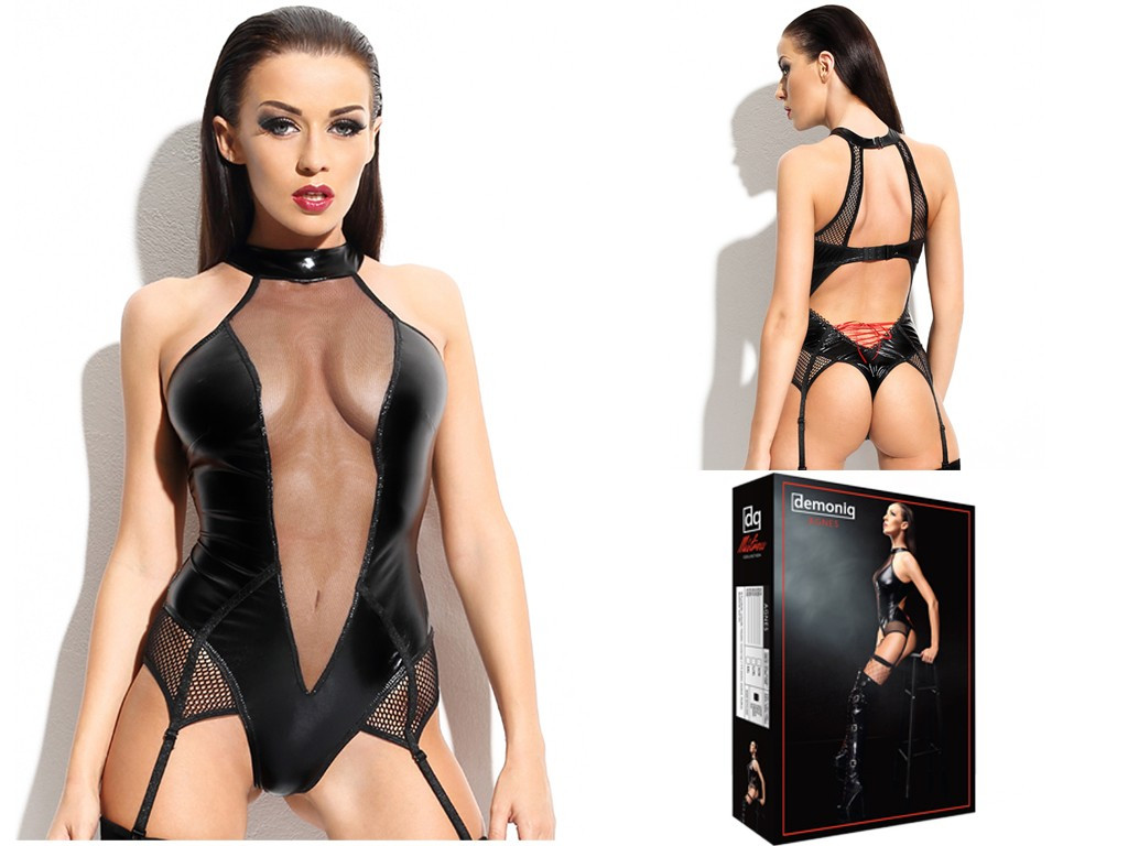 Body Agnes czarny lateksowe z paskami do poczoch