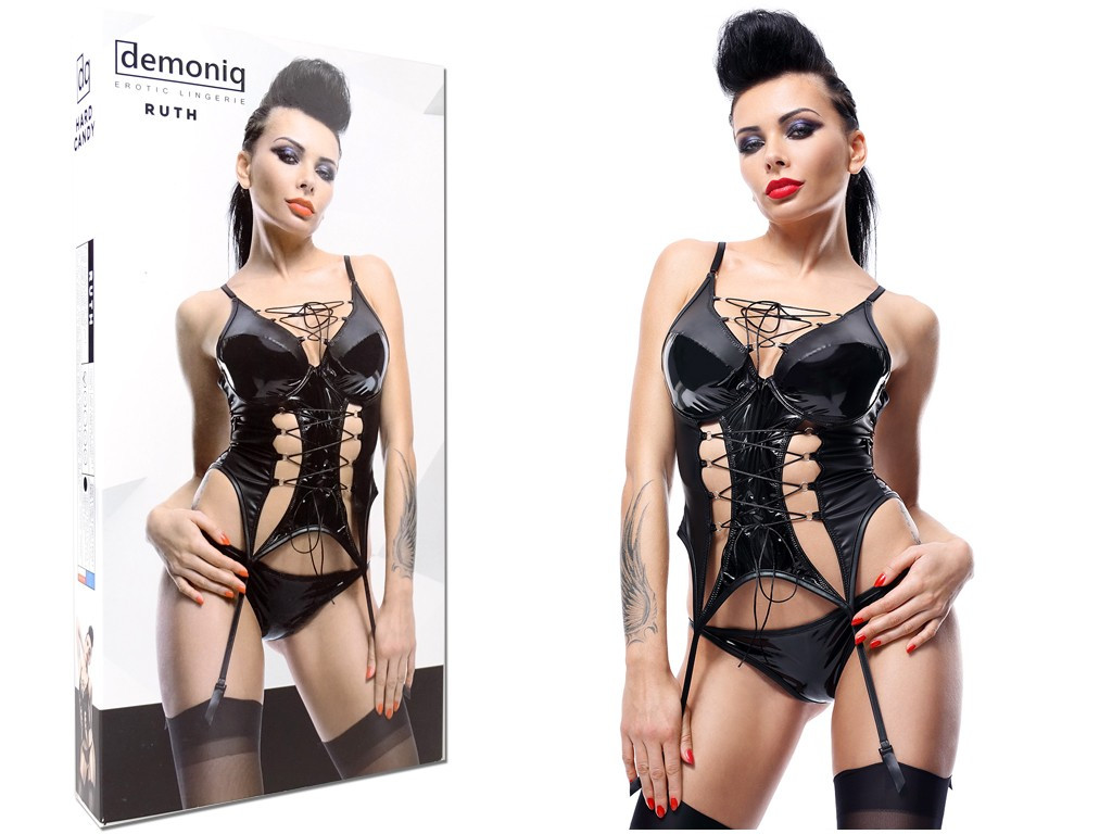 Corset din piele neagră cu curele jartieră tanga - 3