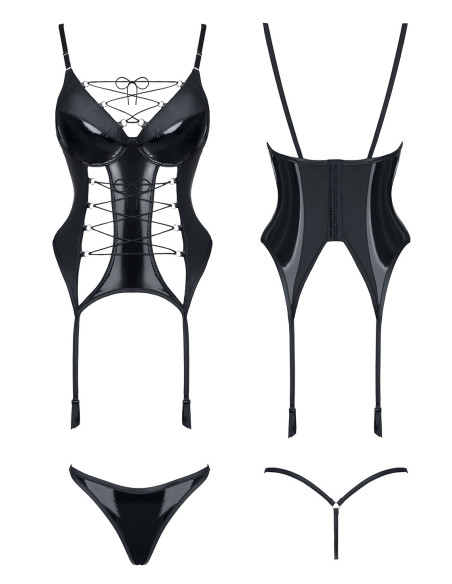 Corset noir en cuir avec porte-jarretelles - 5