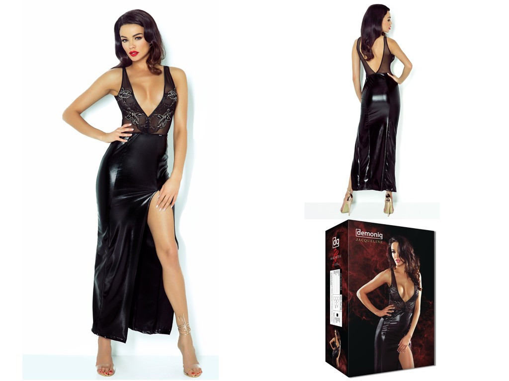 Robe érotique longue noire comme du cuir - 4