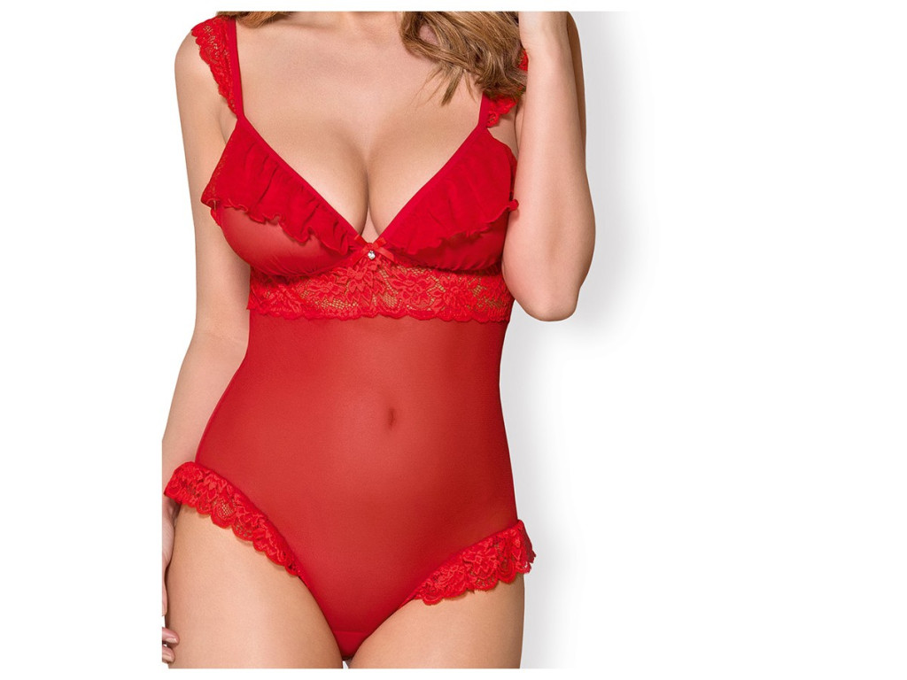 Czerwone body damskie Obsessive koronka falbanki