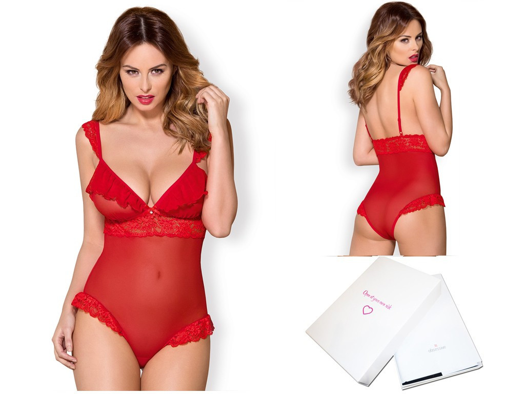 Roter Damenbodysuit Obsessive spitzenrüschen - 3