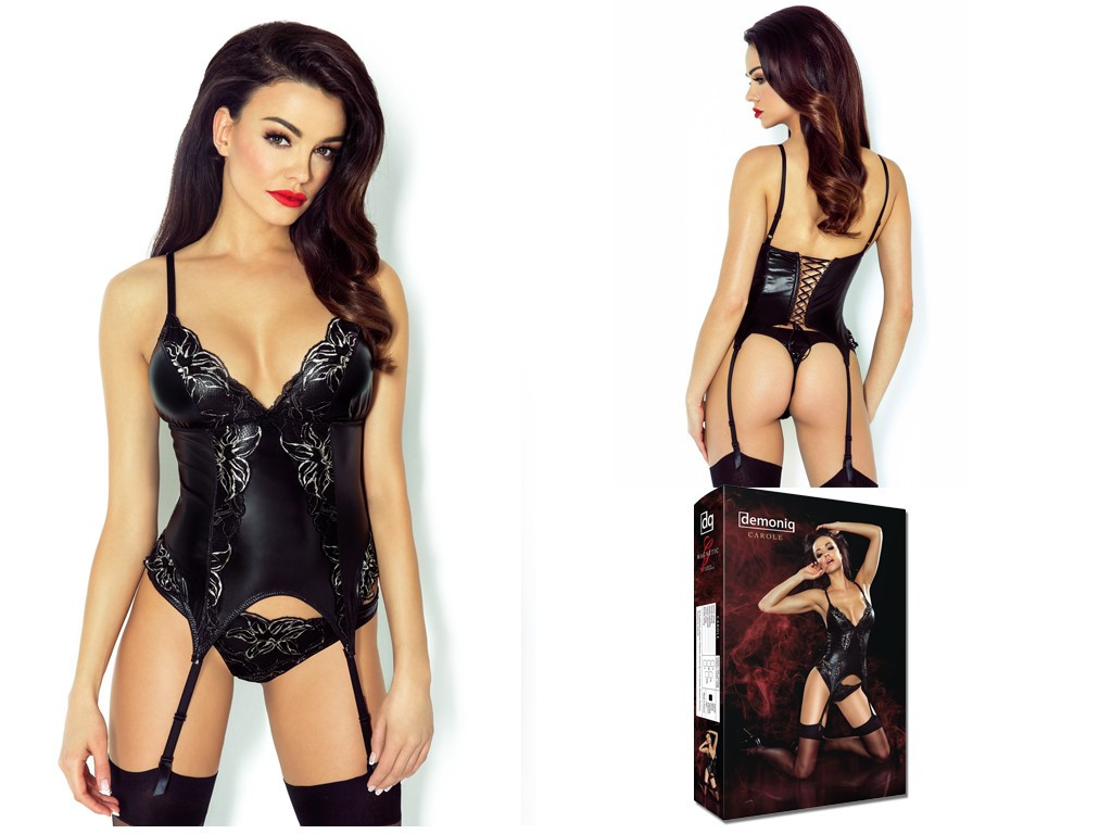 Corset negru ca pielea cu aspect umed legat - 4