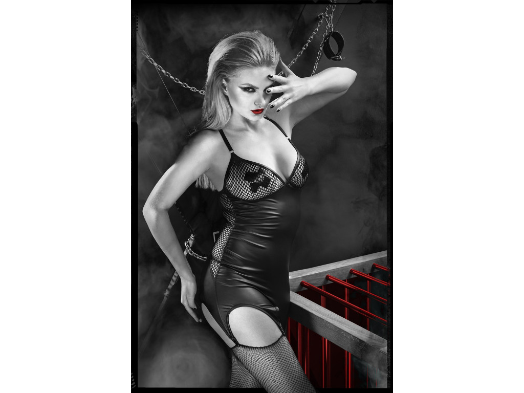Schwarzes sexy Wetlook-Kleid mit Strumpfspange - 5