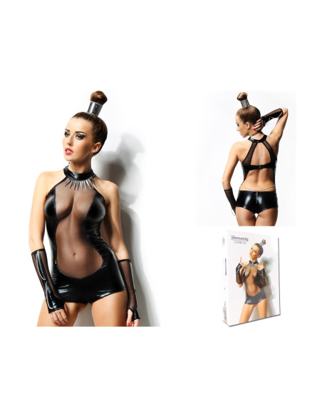 Black body and gloves with chain mail like wet look leather - 4