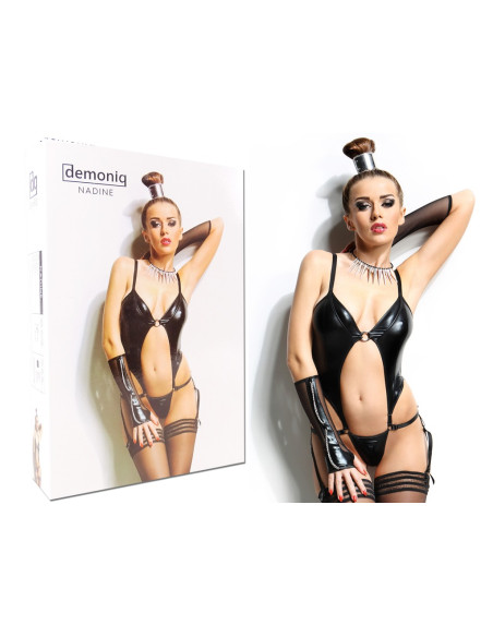 Czarne erotyczne body jak skóra wet look dopasowane