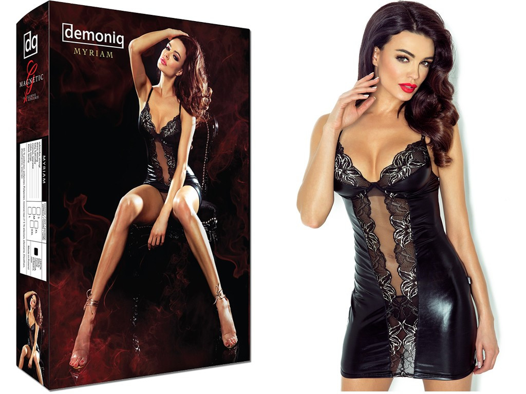Robe noire comme du cuir wetlook avec de la dentelle - 4