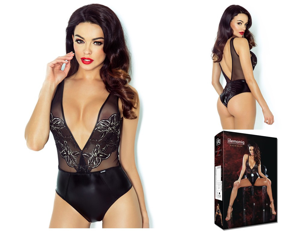 Schwarzer Body mit Spitze wie Wetlook sexy Leder - 4