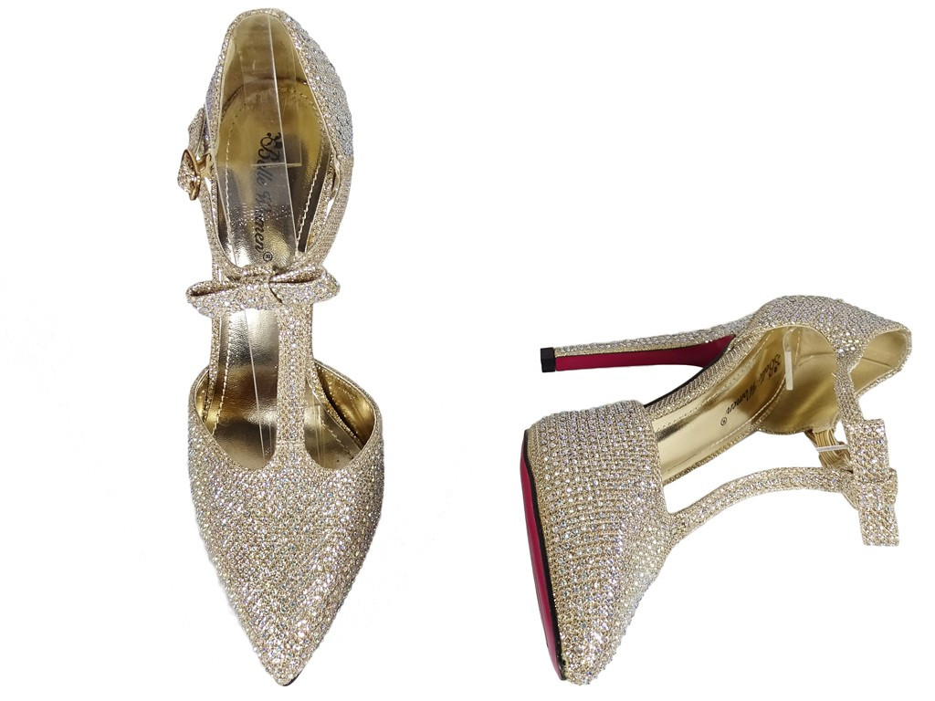 Zelta krāsas stiletto papēži ar potītes siksniņu ar cirkoniem - 2