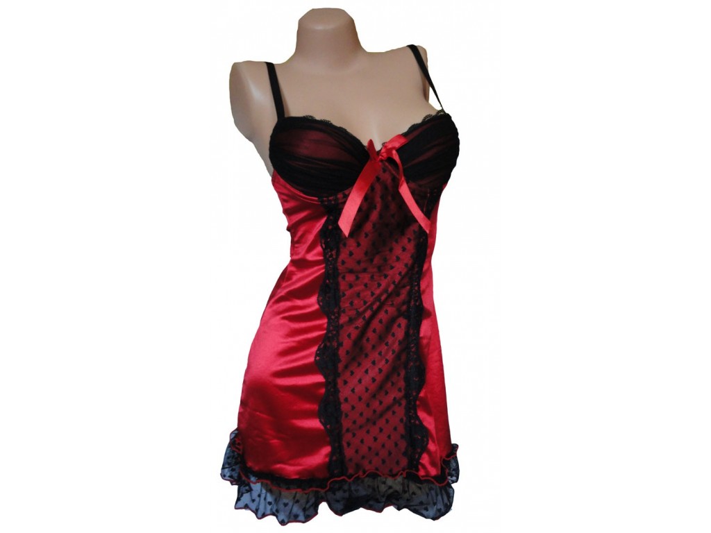 CHEMISE DE NUIT SATIN DENTELLE 2 ROUGE - 1