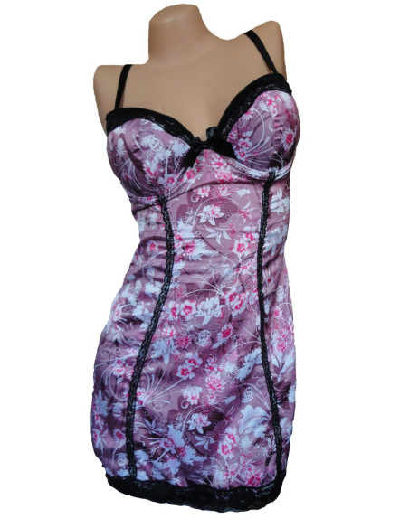 CHEMISE DE NUIT EN SATIN FLEURS VIOLETTES - 1