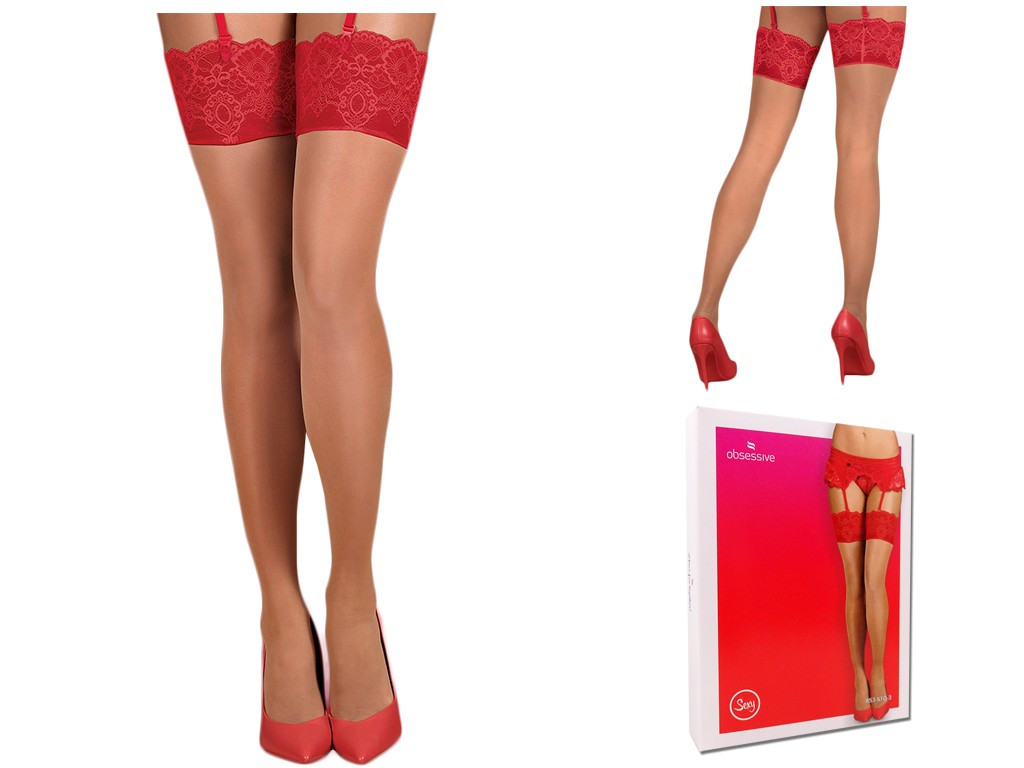Fleshy stockings with red lace to the belt - 5