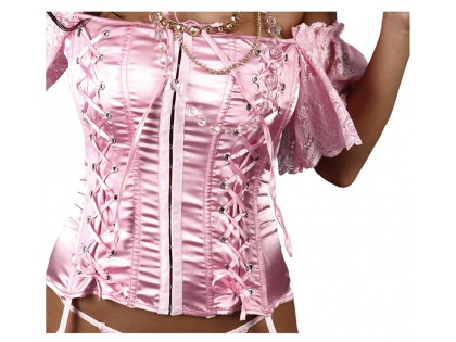 Pink satin corset tied with spandex - 2