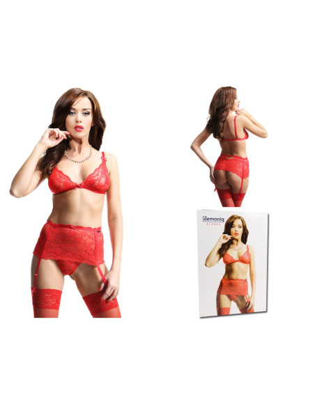 Red set of underwear high garter belt bra - 4